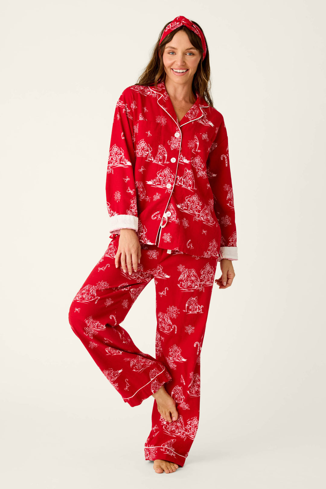 Candy Cane Cottage Gingerbread House Print Flannel 3-Piece PJ Set
