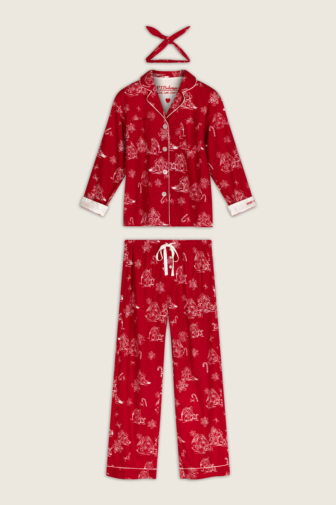 Candy Cane Cottage Gingerbread House Print Flannel 3-Piece PJ Set