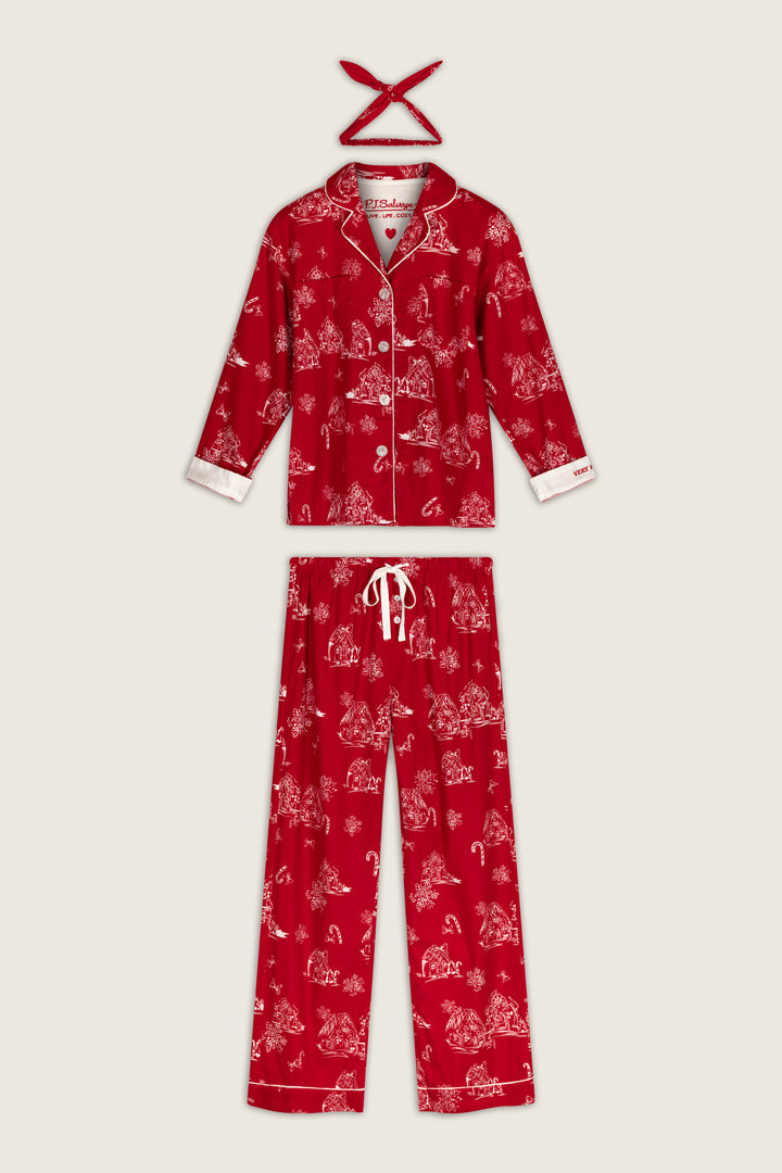 Candy Cane Cottage Gingerbread House Print Flannel 3-Piece PJ Set