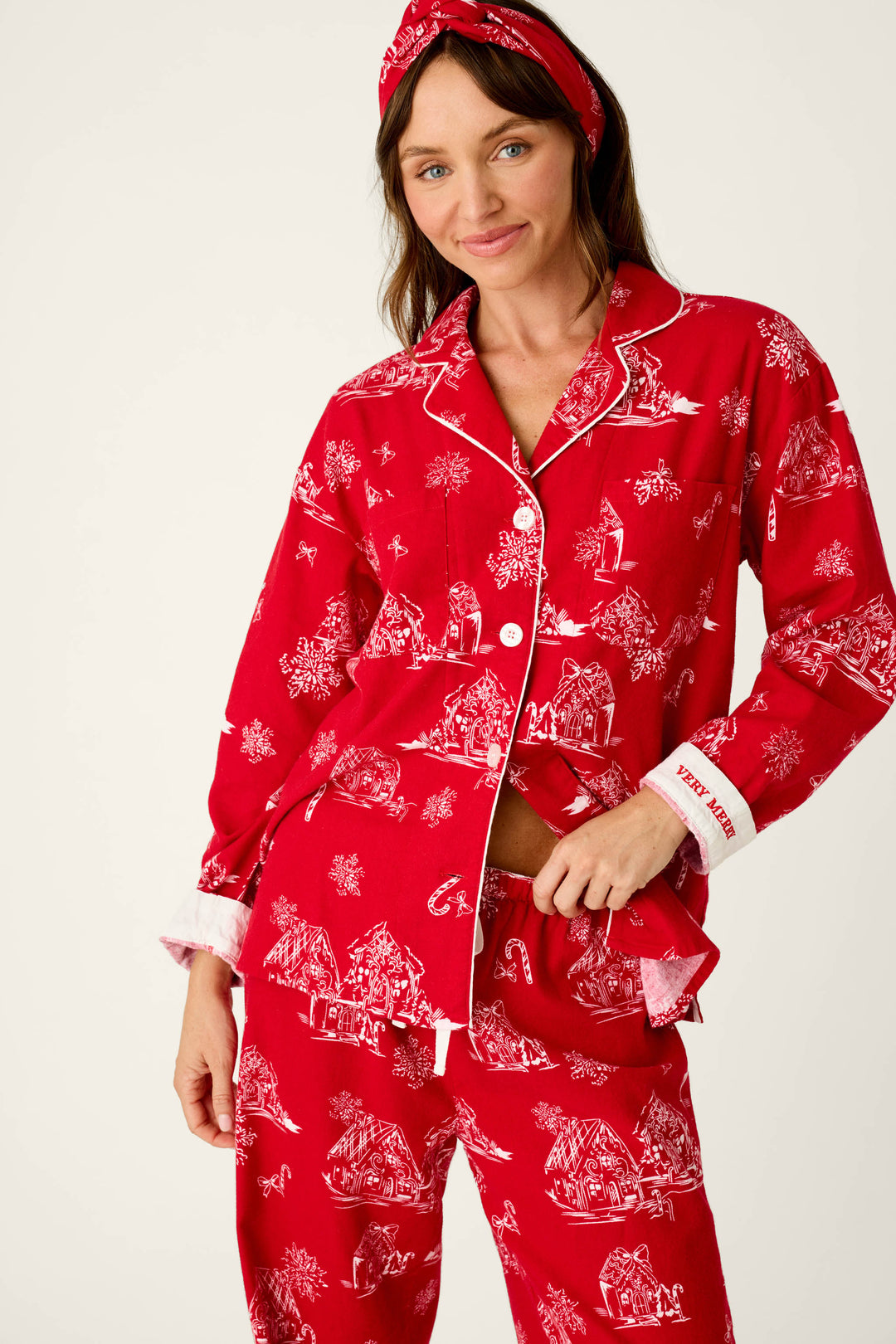 Candy Cane Cottage Gingerbread House Print Flannel 3-Piece PJ Set