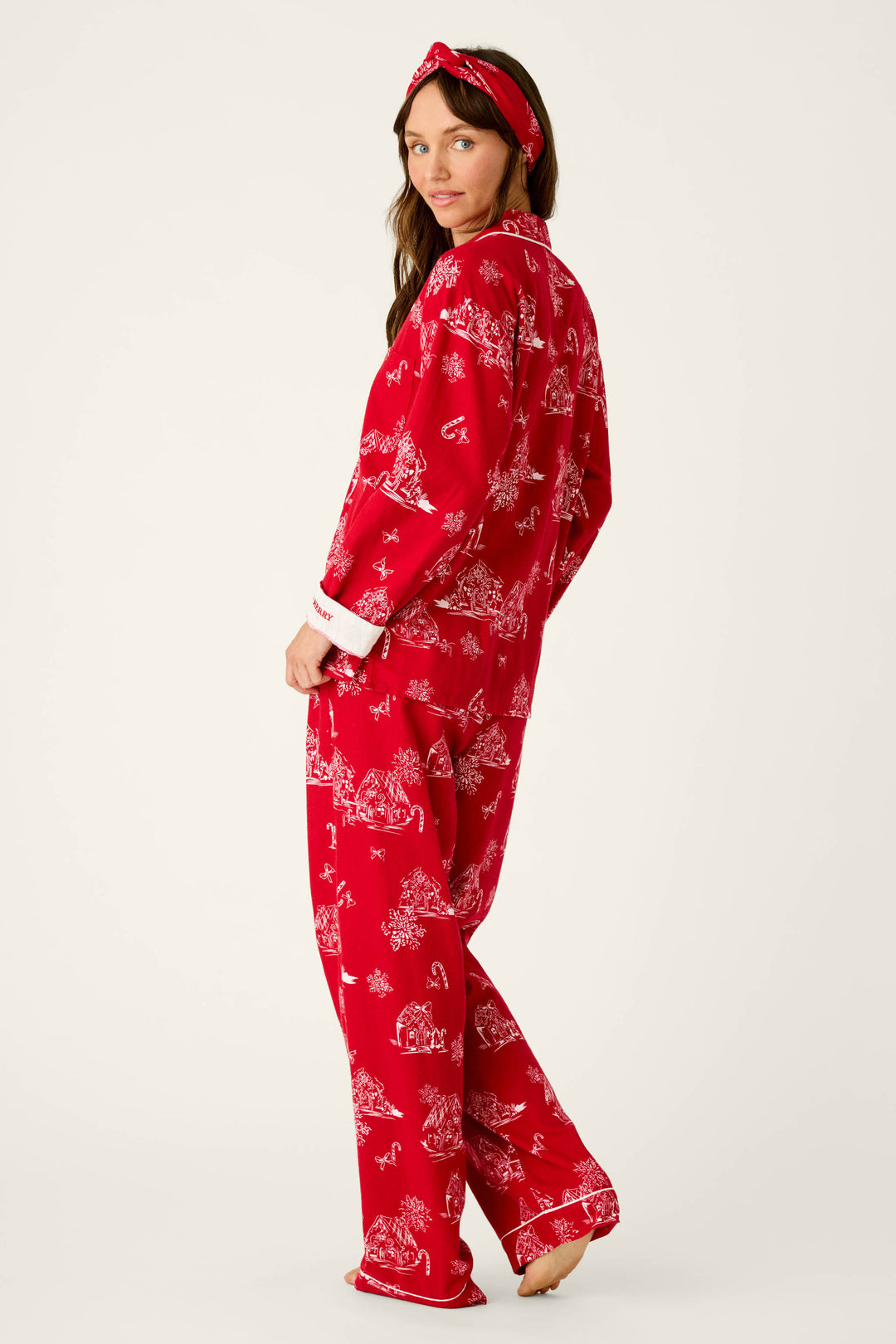 Candy Cane Cottage Gingerbread House Print Flannel 3-Piece PJ Set