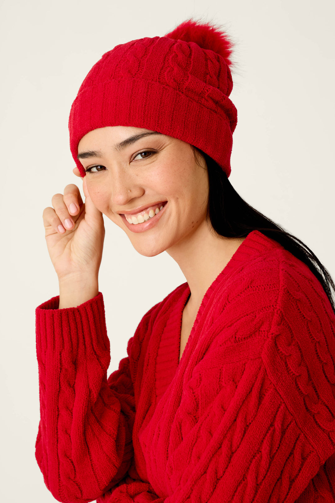 Cozy Chenille Cable Knit Red Beanie With Pom-Pom