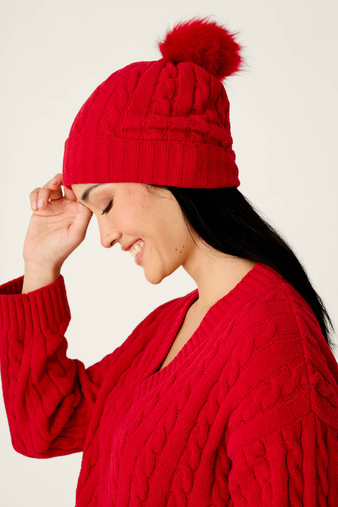Cozy Chenille Cable Knit Red Beanie With Pom-Pom