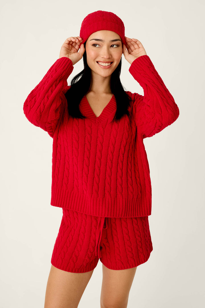 Cozy Chenille Cable Knit Red Beanie With Pom-Pom