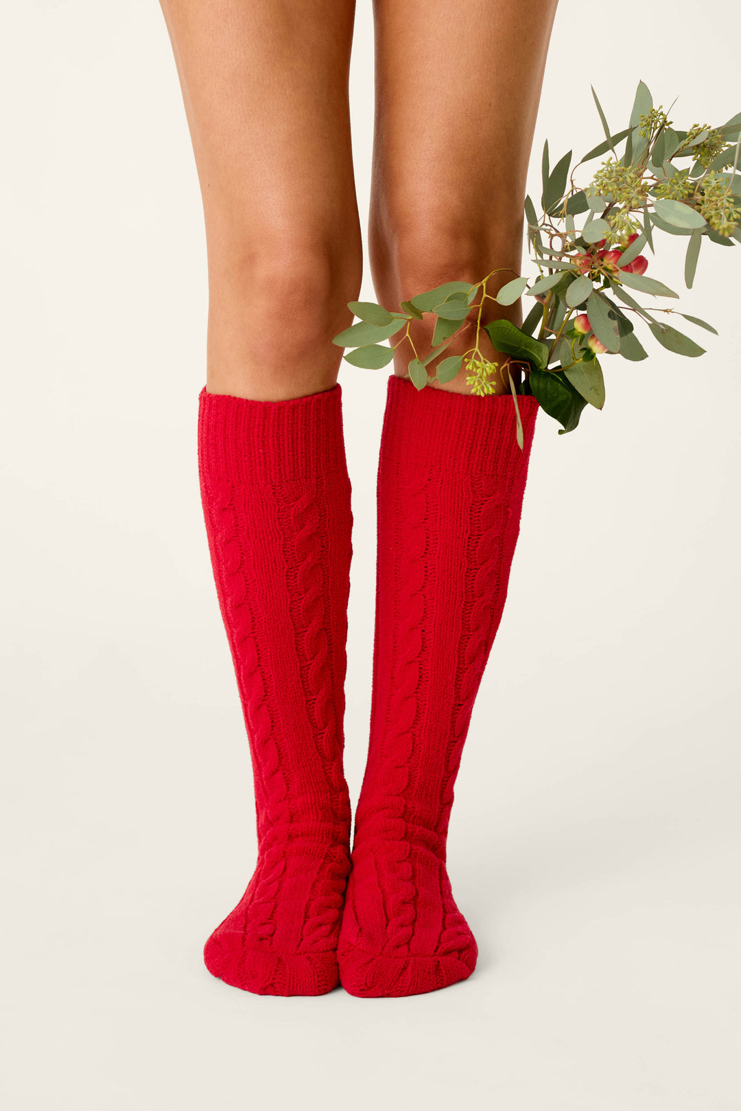 Cozy Chenille Cable Knit Red Socks