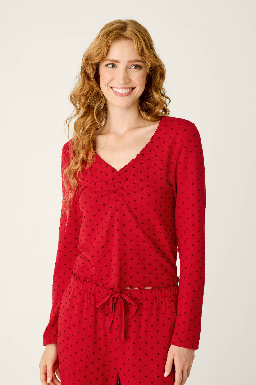 Femme de Noel Tonal Dot Long Sleeve V-Neck Top