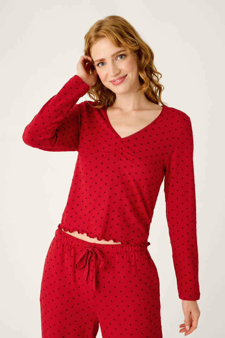 Femme de Noel Tonal Dot Long Sleeve V-Neck Top