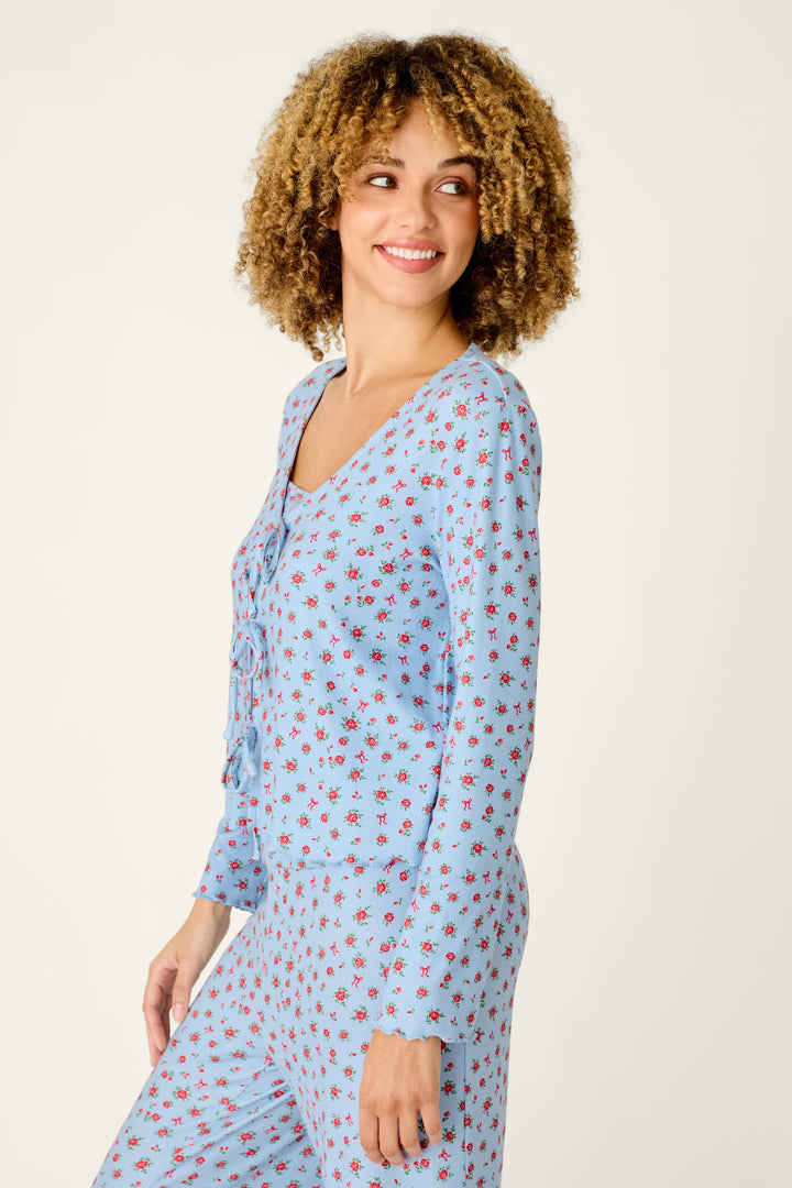 Festive Florals Blue Floral Print Tie-Front Top
