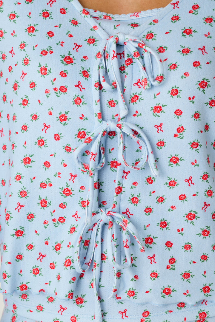 Festive Florals Blue Floral Print Tie-Front Top
