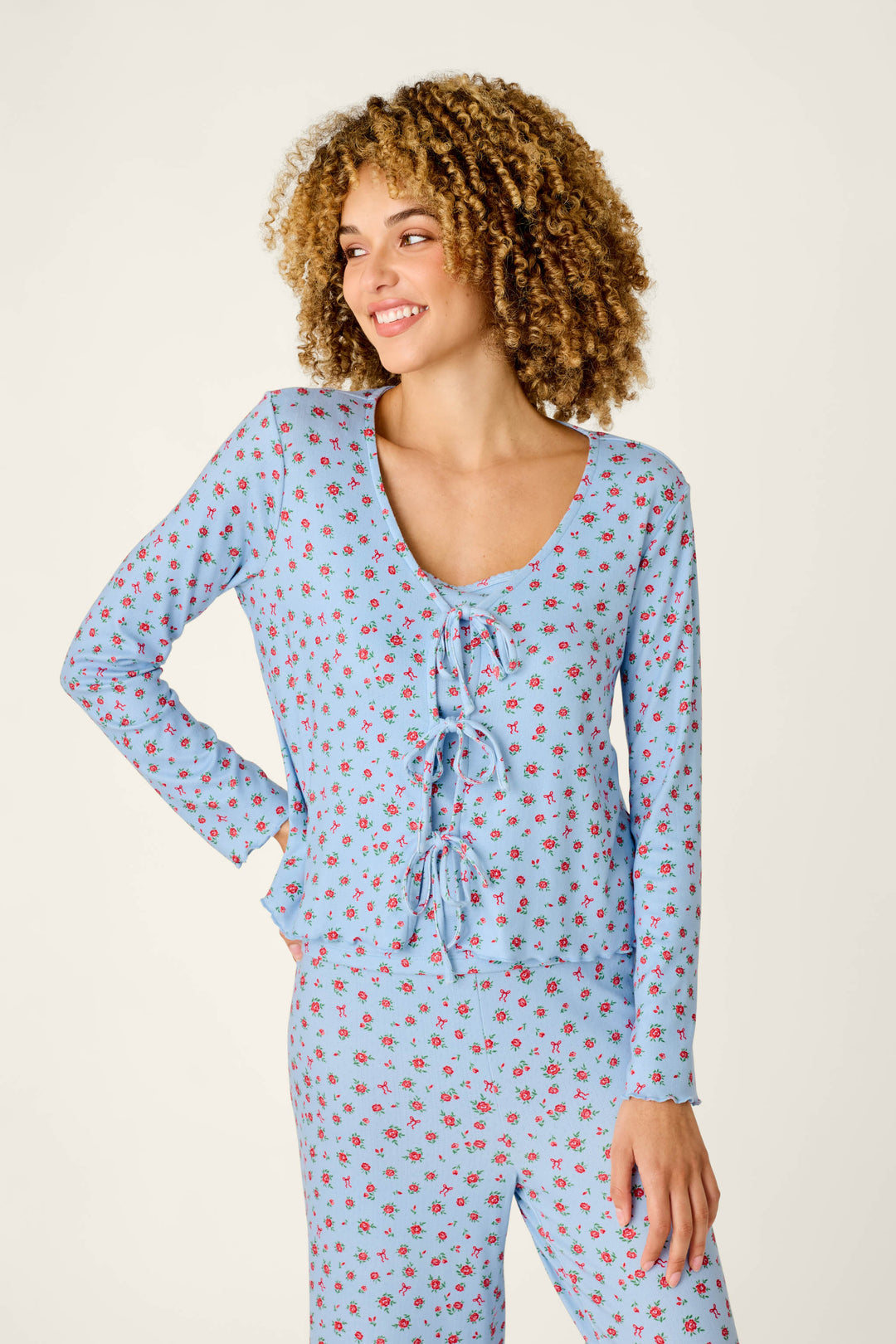 Festive Florals Blue Floral Print Tie-Front Top