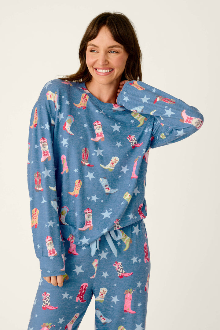 Howdy Holidays Cowboy Boots & Star Print Long Sleeve Top