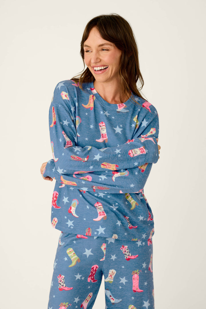 Howdy Holidays Cowboy Boots & Star Print Long Sleeve Top