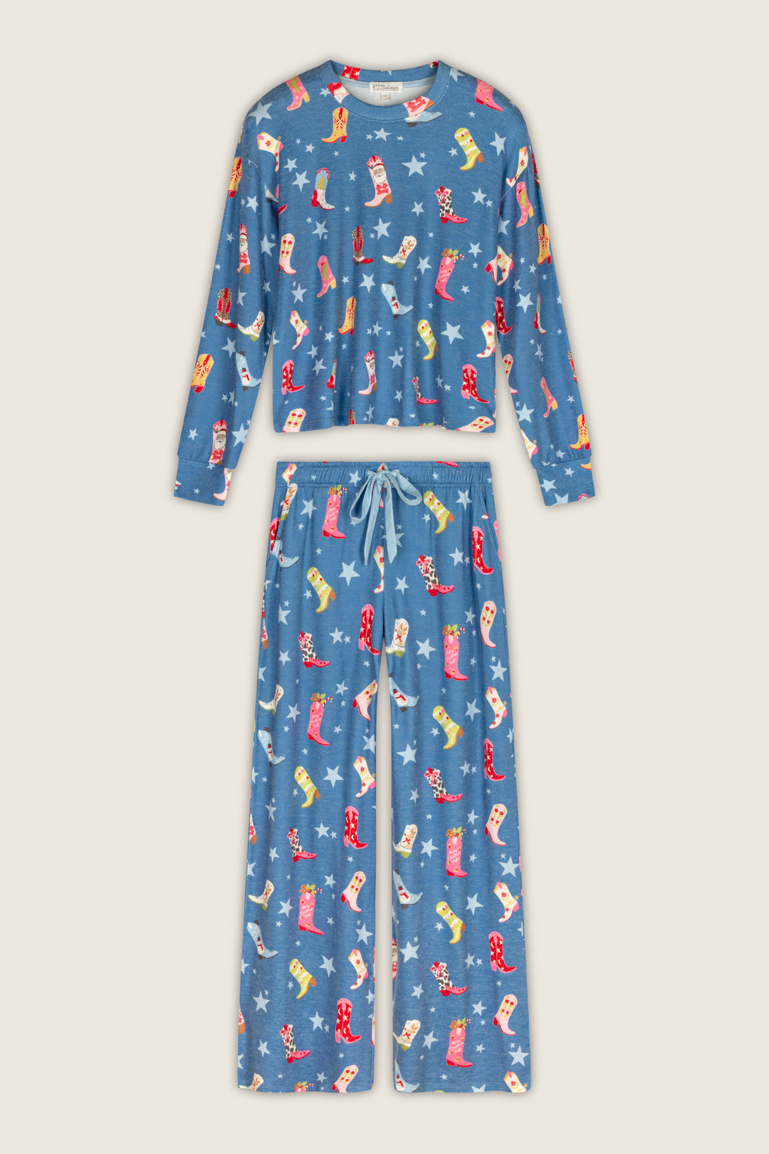 Howdy Holidays Cowboy Boots & Star Print Long Sleeve PJ Set