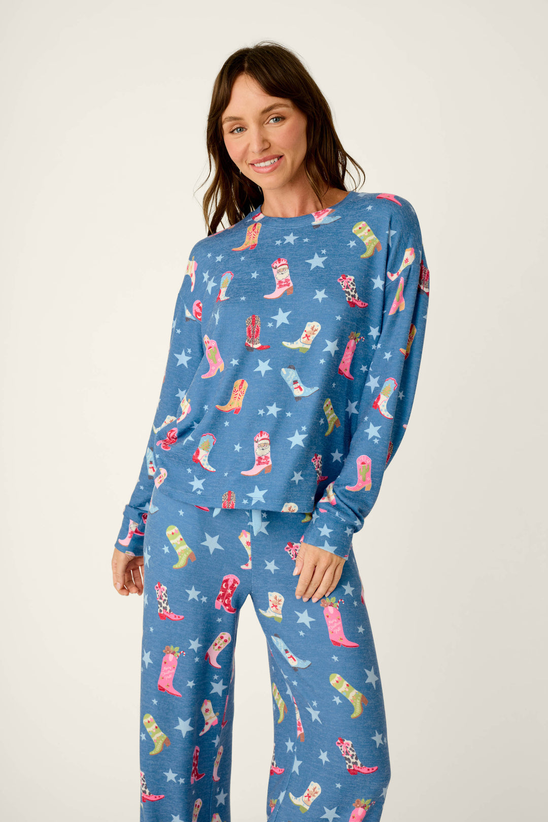 Howdy Holidays Cowboy Boots & Star Print Long Sleeve PJ Set