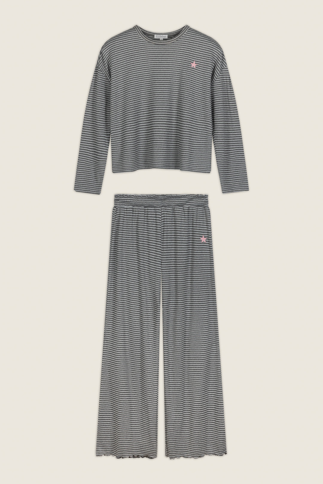 Icon Stripes Heather Grey Long Sleeve PJ Set featuring a long-sleeve top and wide-leg pants in heather grey brushed pointelle with horizontal white stripes and small pink star details.