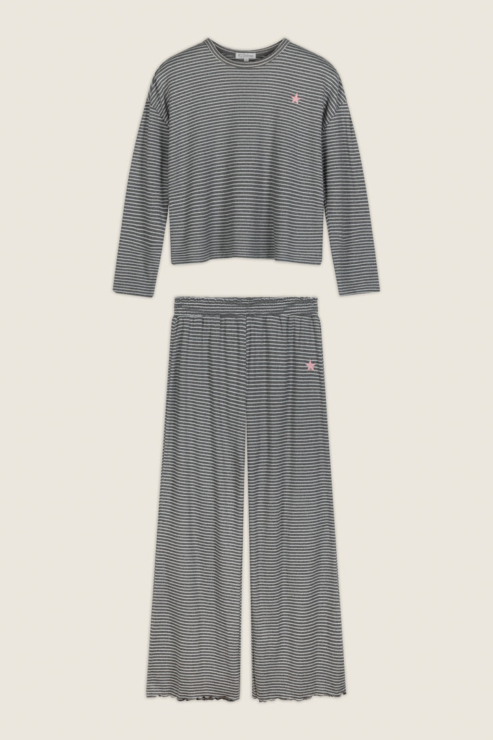 Icon Stripes Heather Grey Long Sleeve PJ Set featuring a long-sleeve top and wide-leg pants in heather grey brushed pointelle with horizontal white stripes and small pink star details.