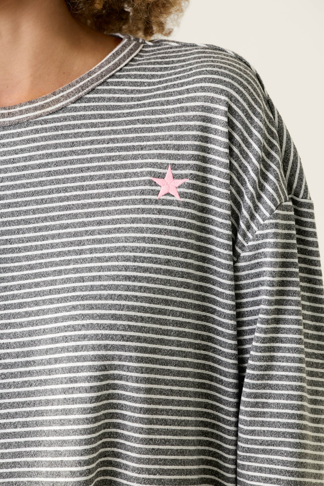 Icon Stripes Heather Grey Long Sleeve PJ Set featuring a grey and white horizontal striped long-sleeve shirt in brushed pointelle with a small pink star embroidered on the chest.