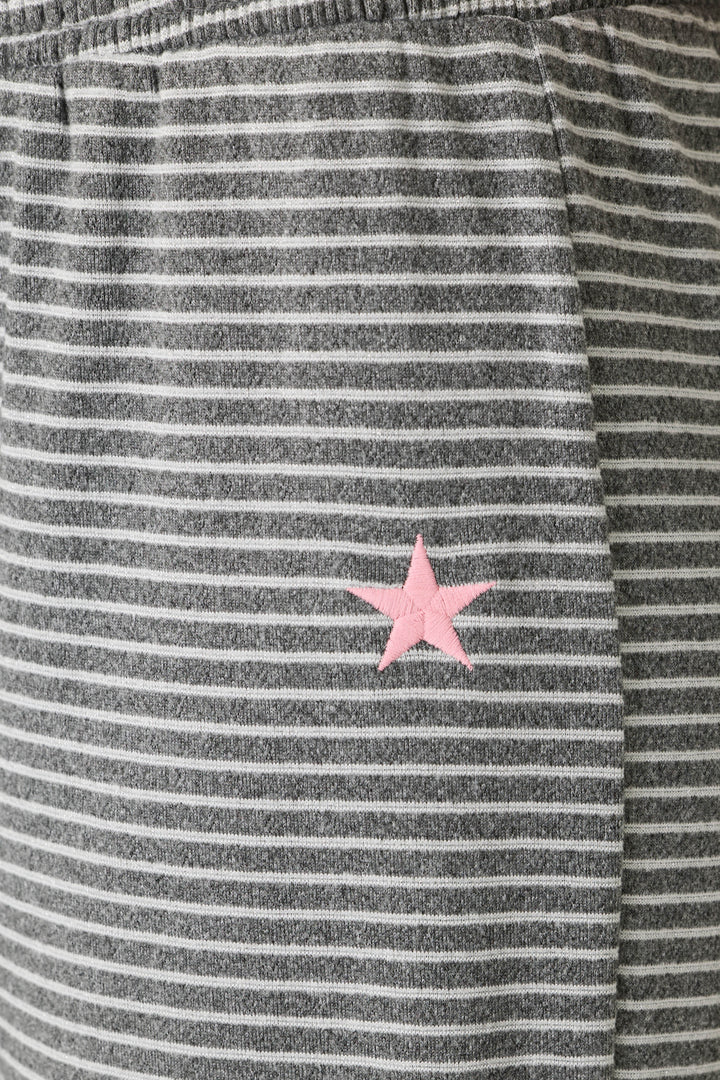 Icon Stripes Heather Grey Long Sleeve PJ Set featuring grey and white horizontally striped brushed pointelle fabric with a small embroidered pink star.