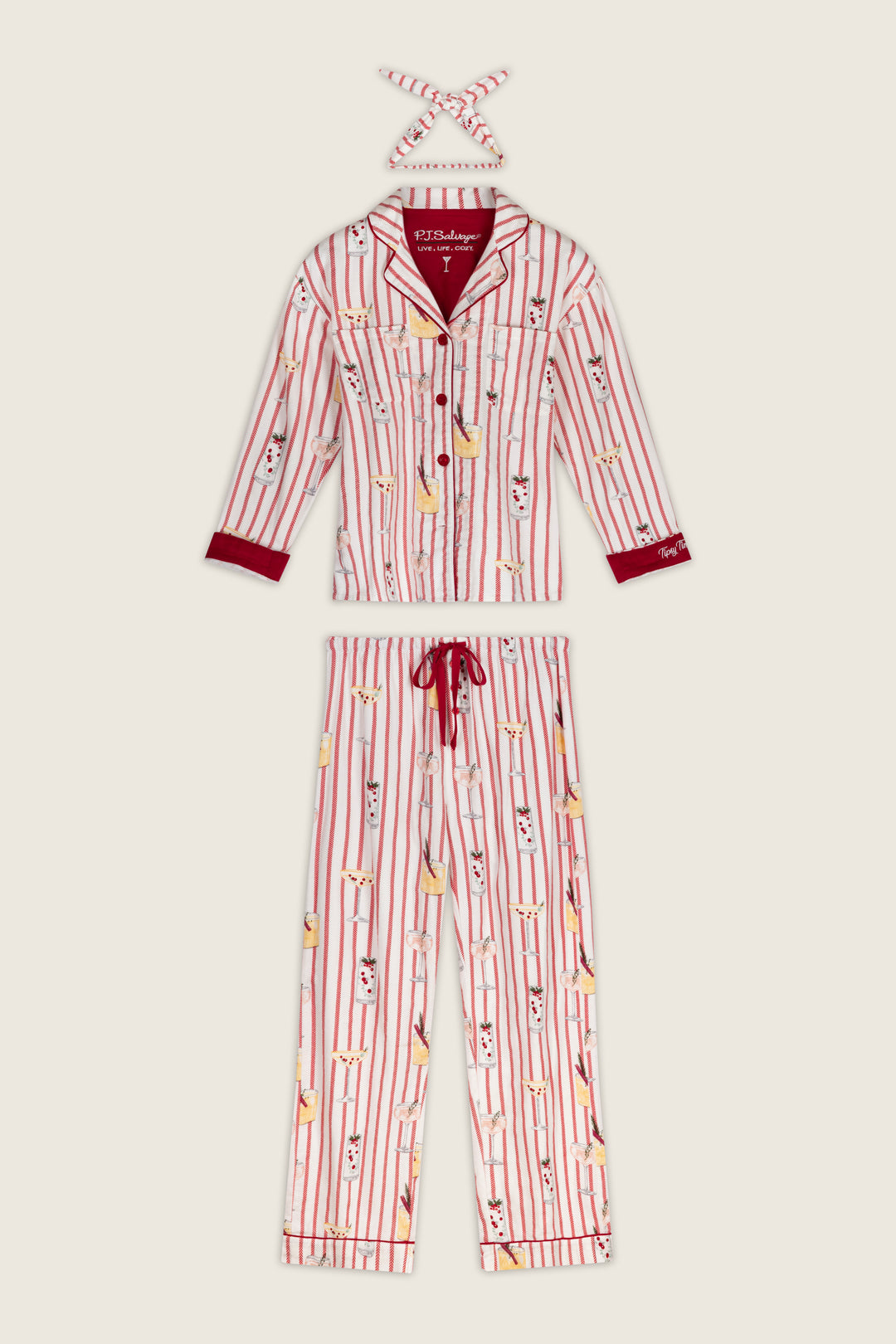 P.J. Salvage Martinis & Mistletoe Cocktail Print Flannel 3-Piece PJ Set featuring a long-sleeve button-down top, matching drawstring pants, and a headband, all in a red striped pattern with illustrated holiday cocktails.