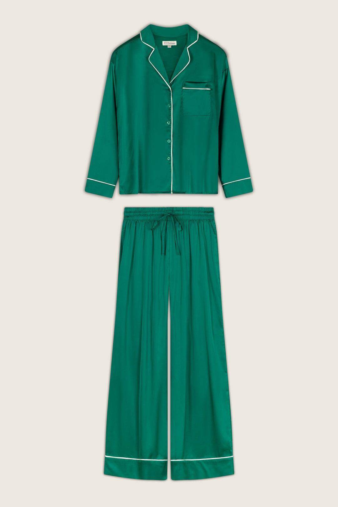P.J. Salvage Moonlight Muse Green Satin Long Sleeve PJ Set featuring an emerald green long-sleeve button-up top and matching wide-leg trousers with white piping trim.