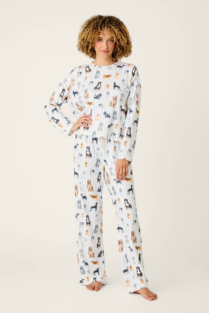 Happy Tails Dog & Stripe Print Long Sleeve PJ Set