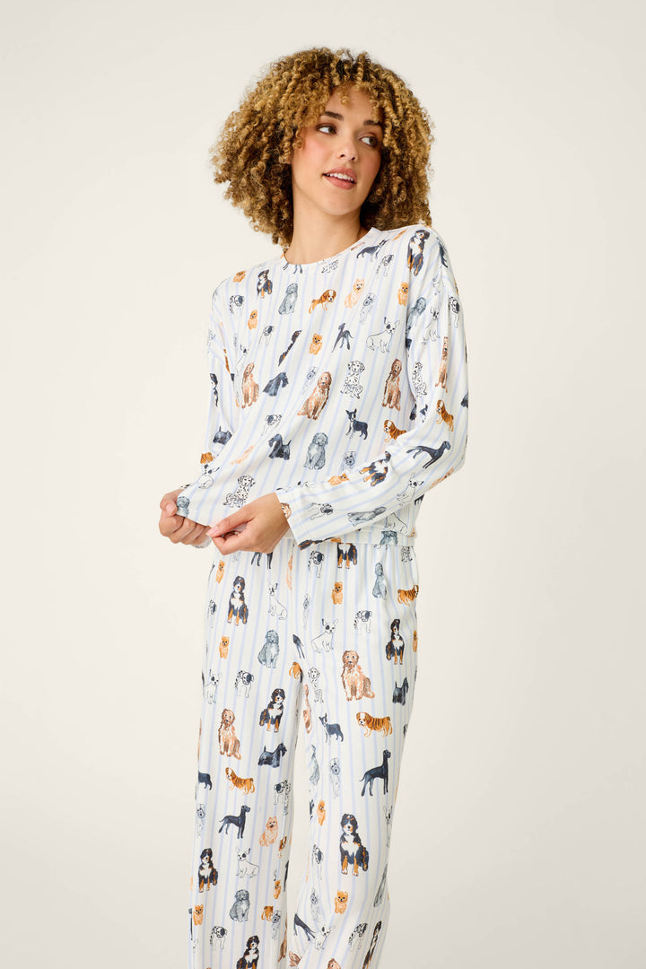 Happy Tails Dog & Stripe Print Long Sleeve PJ Set