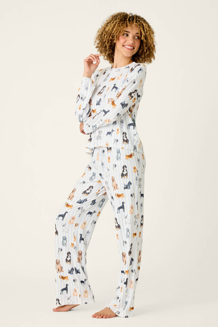 Happy Tails Dog & Stripe Print Long Sleeve PJ Set