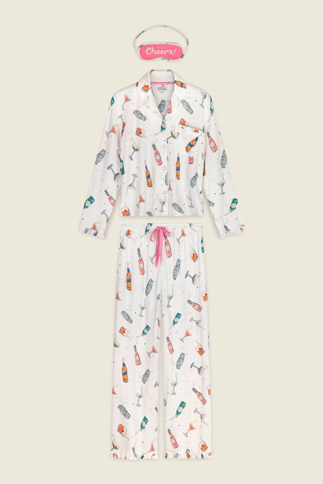 P.J. Salvage Sip Sip Sparkle Cocktail Charms Print 3-Piece PJ Set featuring ivory long-sleeved button-up pajamas, drawstring pants, and a Cheers! sleep mask, all adorned with colorful cocktail glasses and bottles.