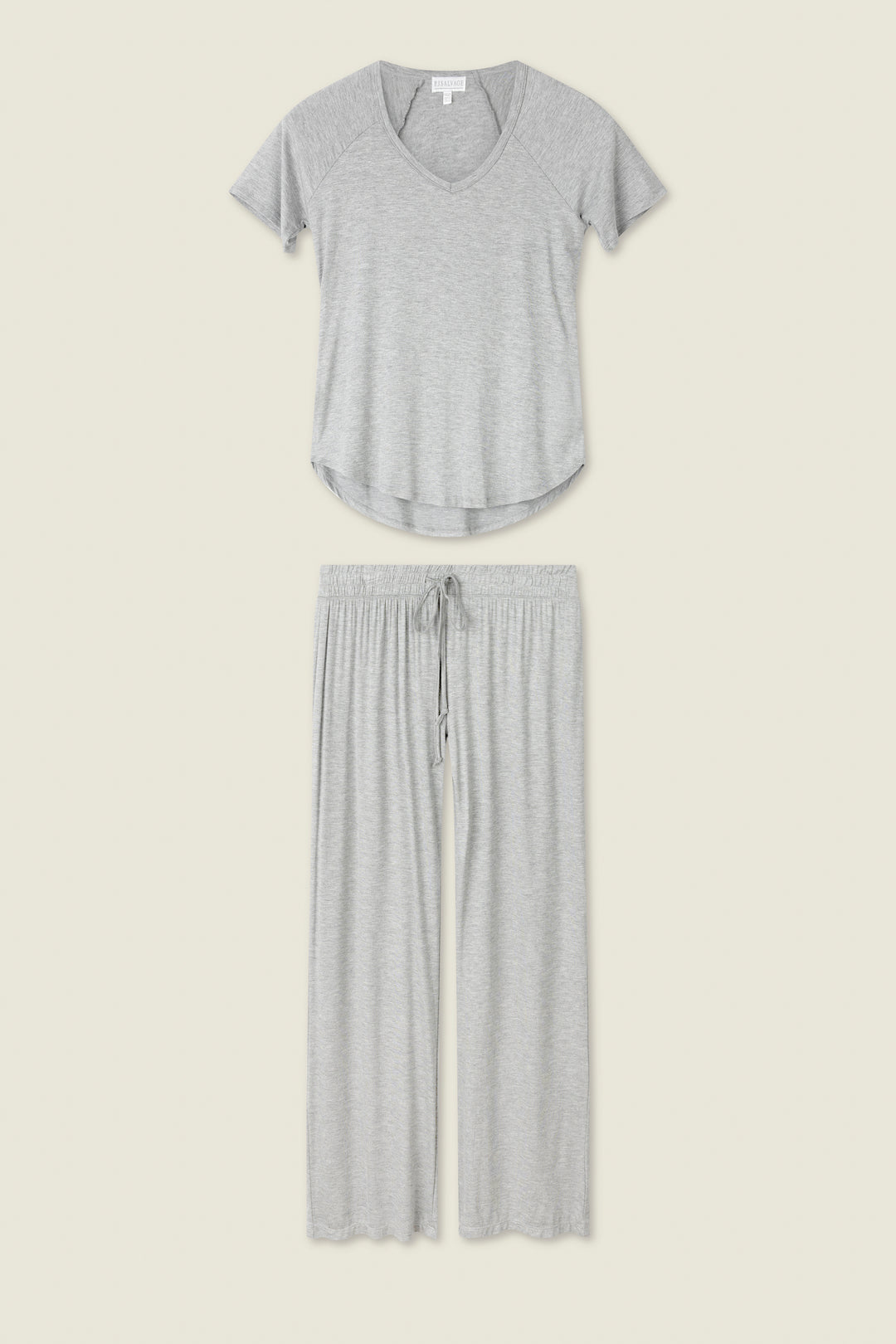 The Modal Basics Heather Grey PJ Set by P.J. Salvage includes a soft V-neck tee and tie-waist wide-leg pants in lightweight modal jersey, shown on a plain off-white background.