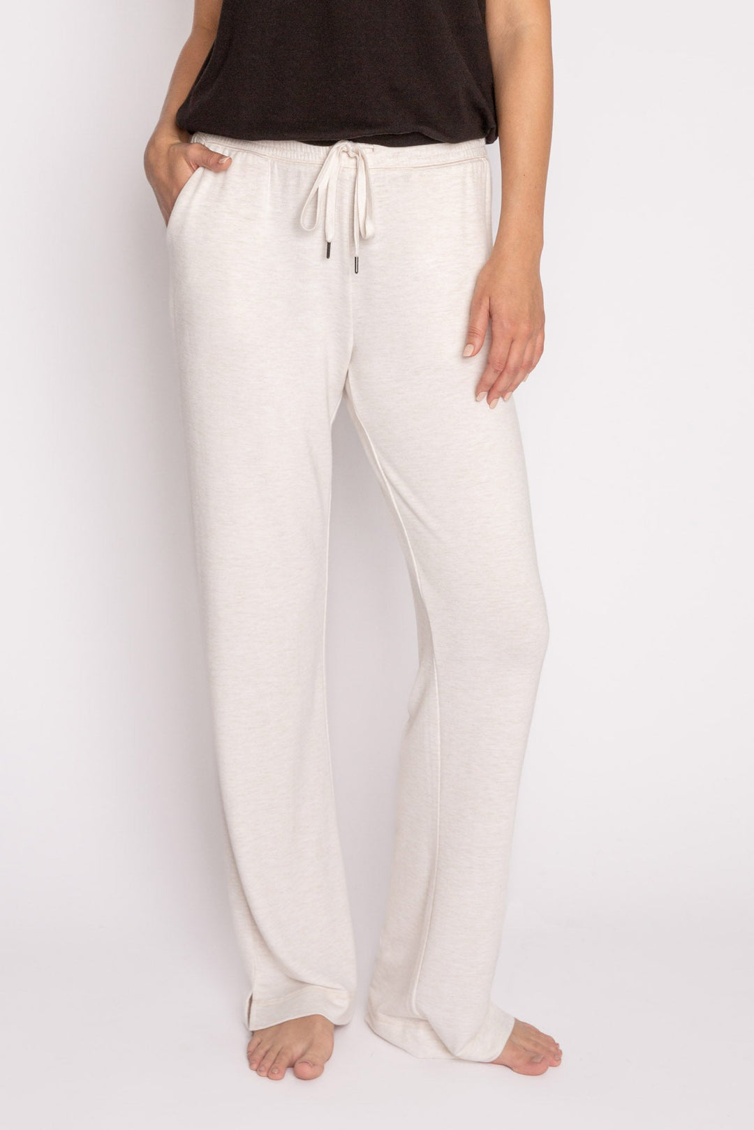 Oatmeal mini terry pajama pants with side slit, tie waistband, and pockets. (7122608390244)