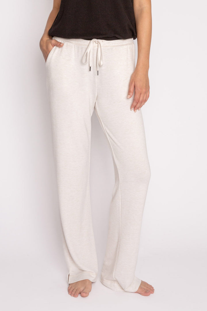 Oatmeal mini terry pajama pants with side slit, tie waistband, and pockets. (7122608390244)