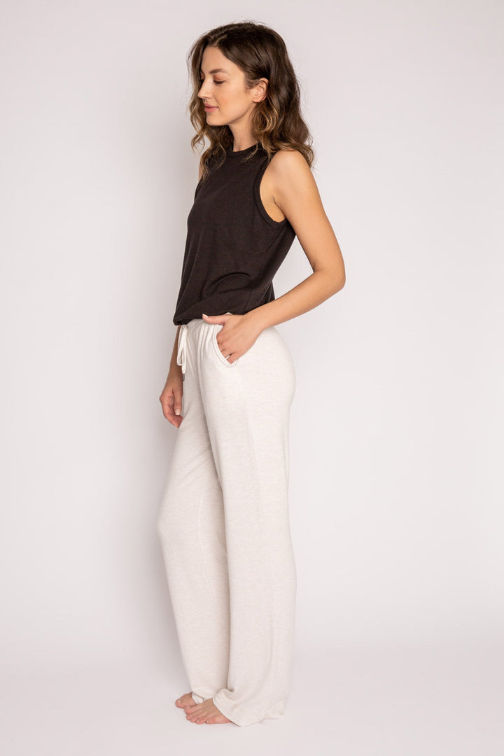 Oatmeal mini terry pajama pants with side slit, tie waistband, and pockets. (7122608390244)