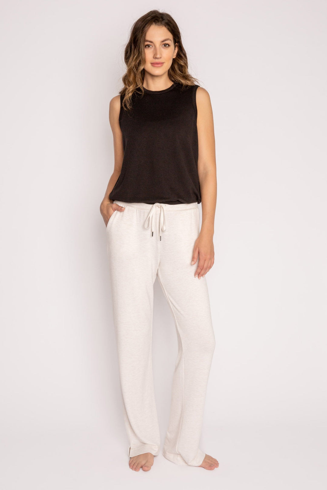 Oatmeal mini terry pajama pants with side slit, tie waistband, and pockets. (7122608390244)