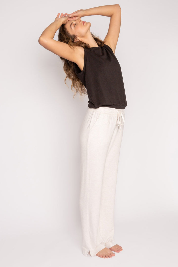 Oatmeal mini terry pajama pants with side slit, tie waistband, and pockets. (7122608390244)