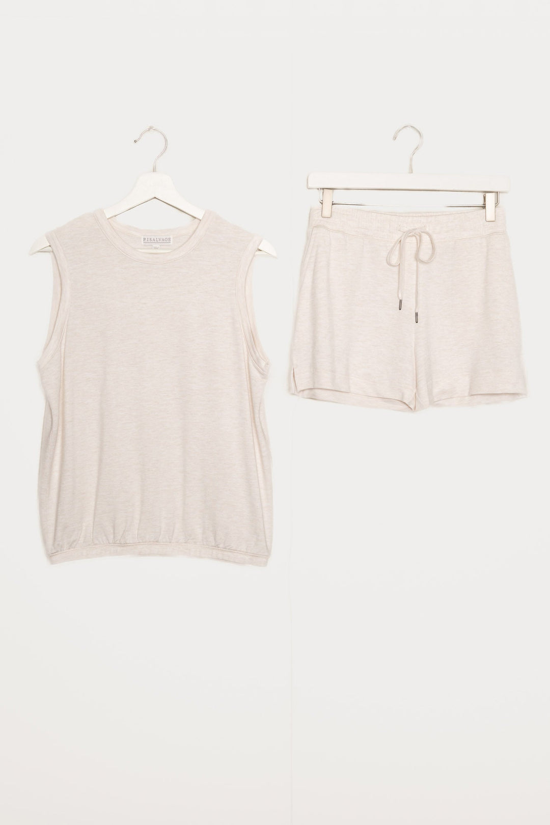 Oatmeal short set in baby French Terry knit. Sleeveless top with banded hem & pocket short. (7189030371428)