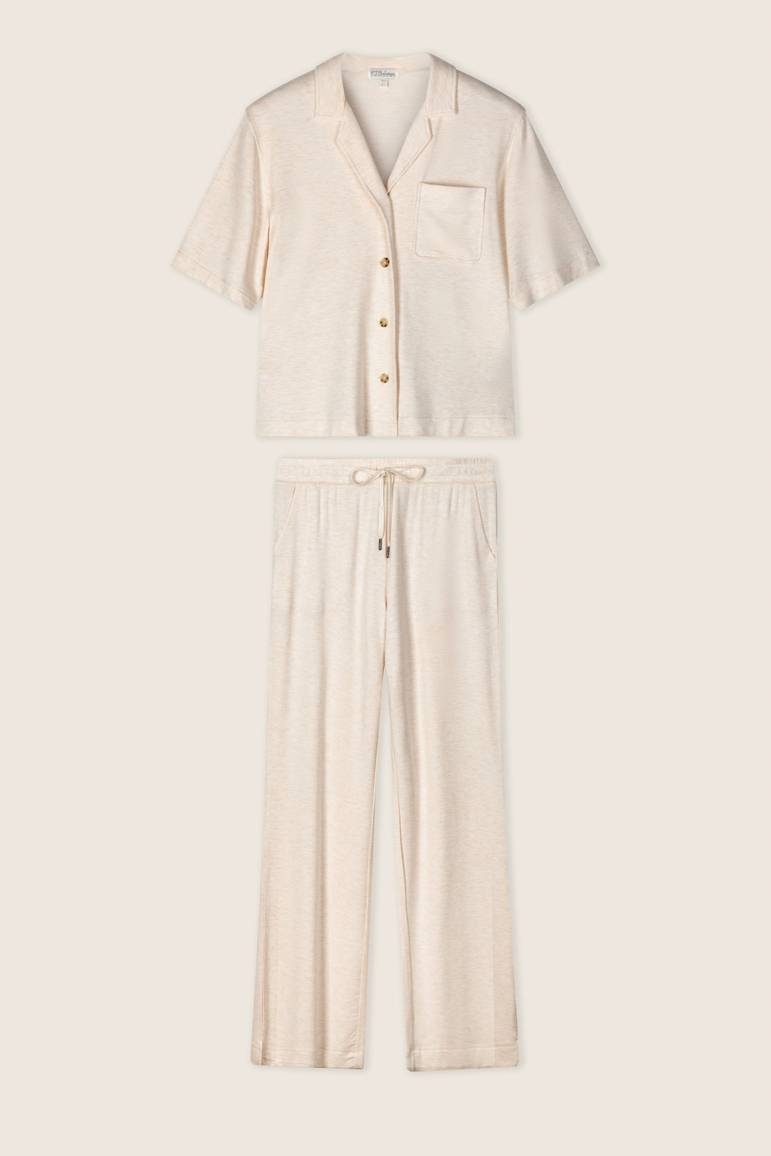 The Jammie Essentials PJ Set by P.J. Salvage, in light beige baby terry knit, includes a short-sleeve button-up shirt with a chest pocket and drawstring pants with side pockets, both shown flat on a neutral background.