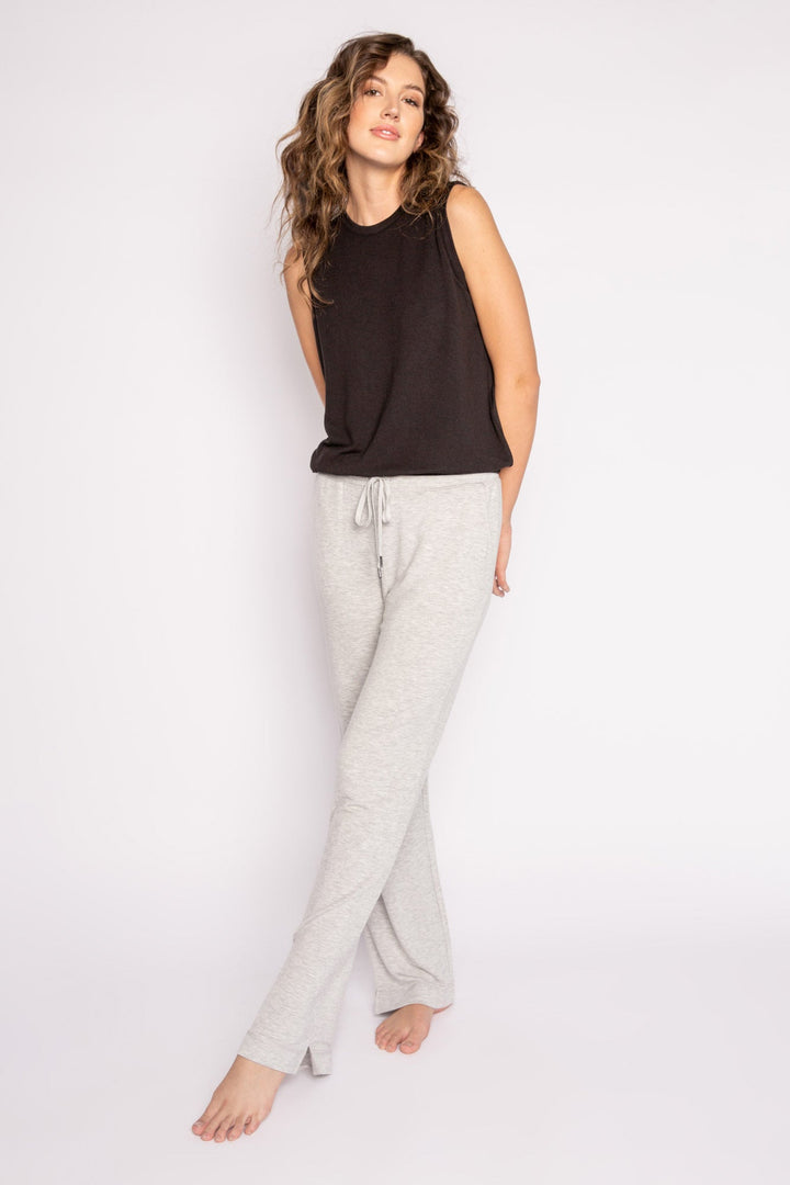 Black crew neck tank top with banded, cinched waist. (7122608816228)
