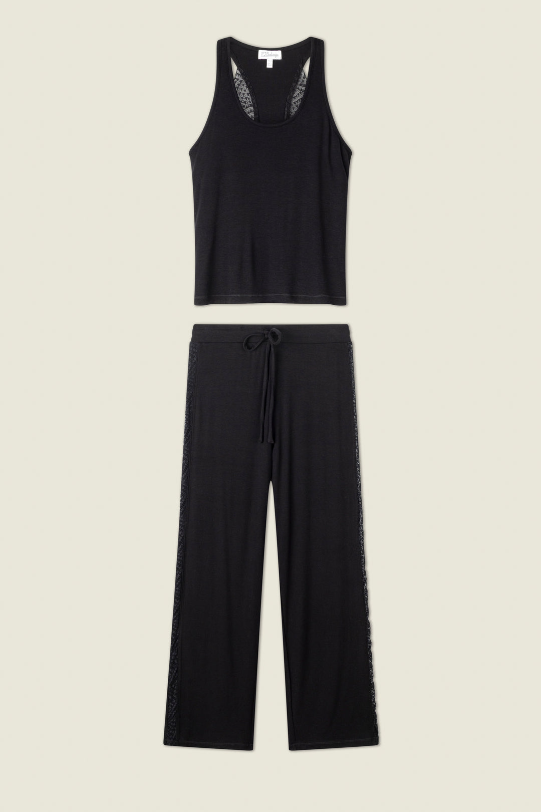 The Lacey Basics Black Lounge Set by P.J. Salvage is shown on a plain background, featuring a lace-trimmed tank top and wide-leg modal pants with subtle lace accents along the sides.