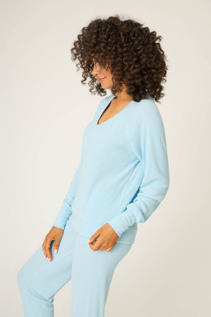 Textured Essentials Light Sky Long Sleeve V-Neck Top