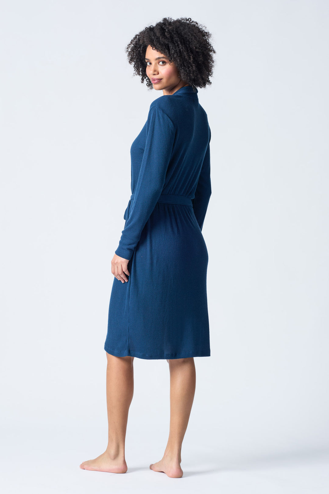navy duster-robe with self-belt in 2x2 brushed peachy rib. Below the knee length with rib cuffs.