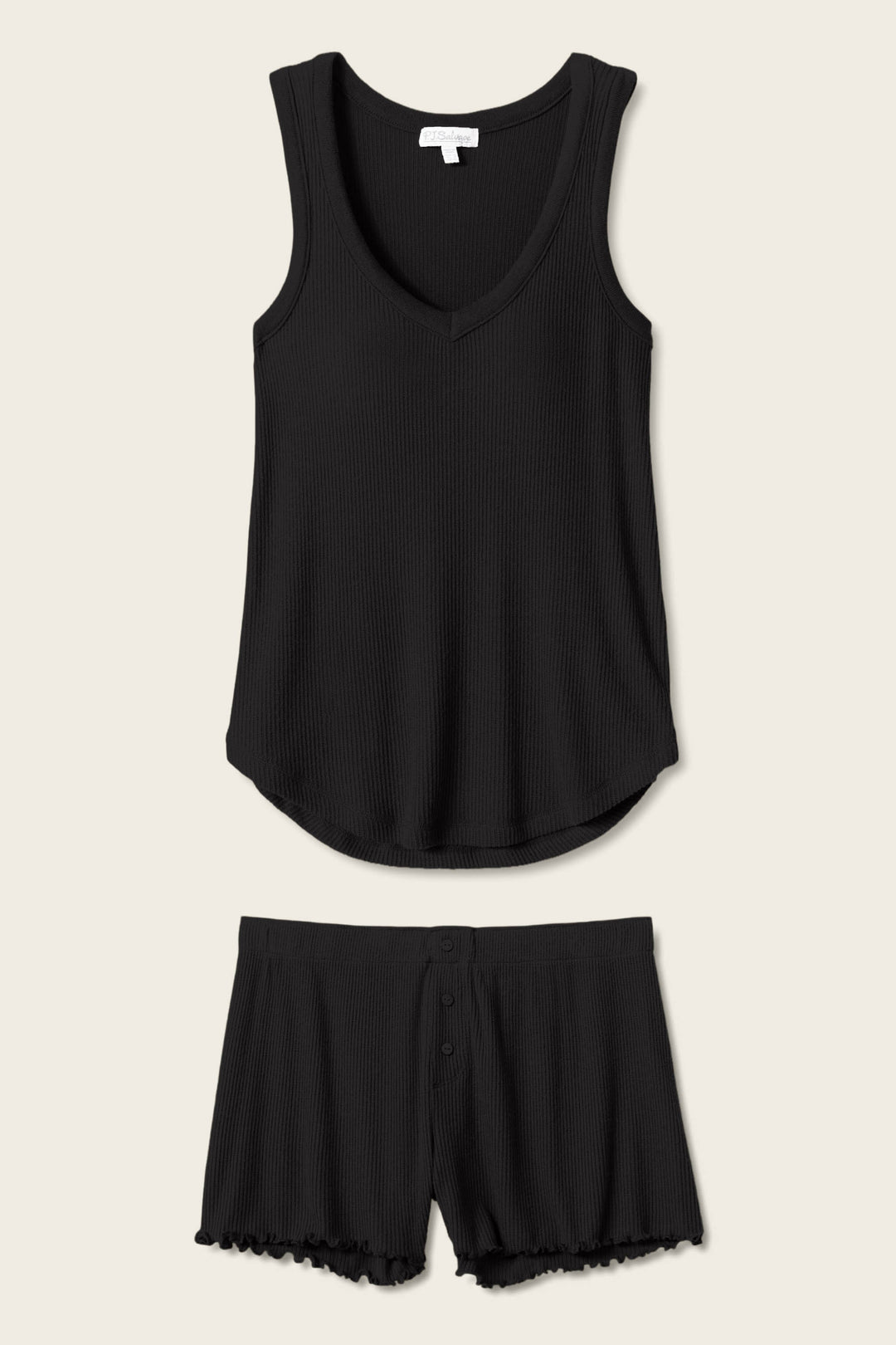 The Textured Essentials Black Short PJ Set by P.J. Salvage features a sleeveless V-neck tank and matching shorts with button details and ruffled hems, offering breathable comfort and shown flat on a light beige background.