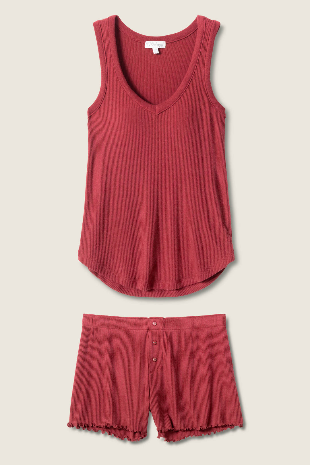 The P.J. Salvage Textured Essentials Short Set, featuring a sleeveless ribbed red V-neck tank and matching button-front shorts with ruffled hems, is displayed flat on a light background.