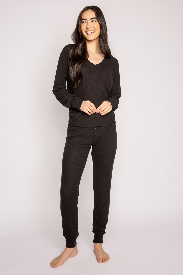 black jammie set in 2x2 peachy rib with a slim fit jammie pant & V-neck long sleeve top. (7199531991140)