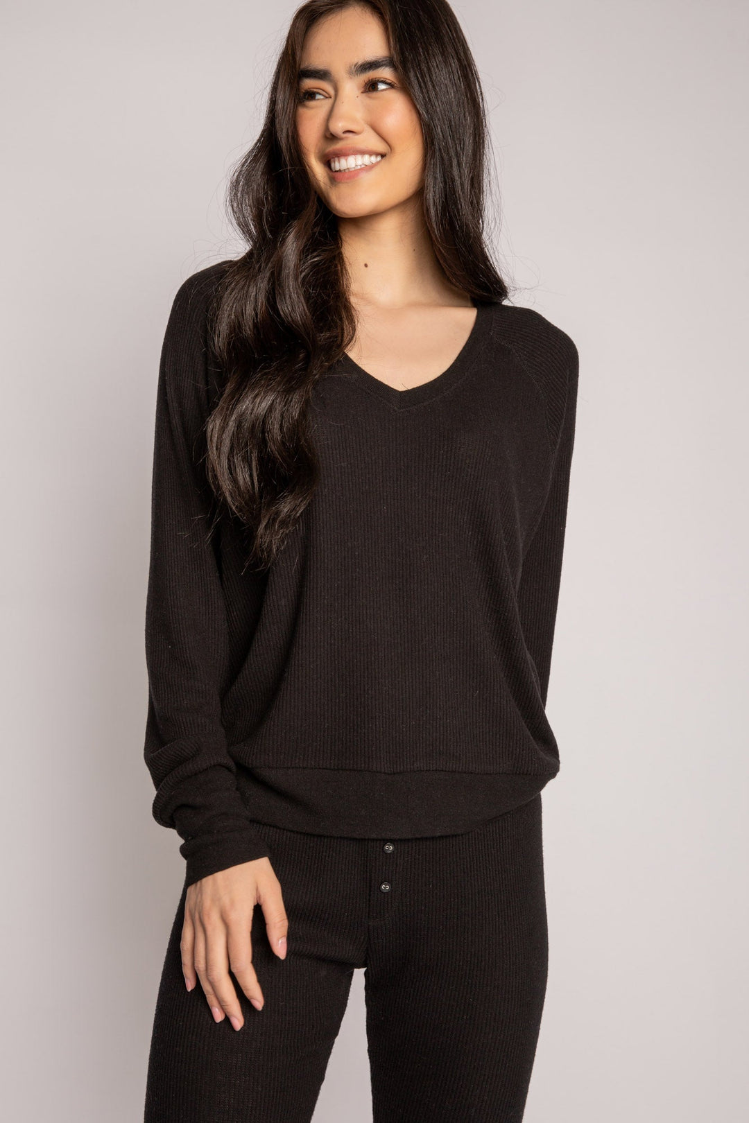 black jammie set in 2x2 peachy rib with a slim fit jammie pant & V-neck long sleeve top. (7199531991140)