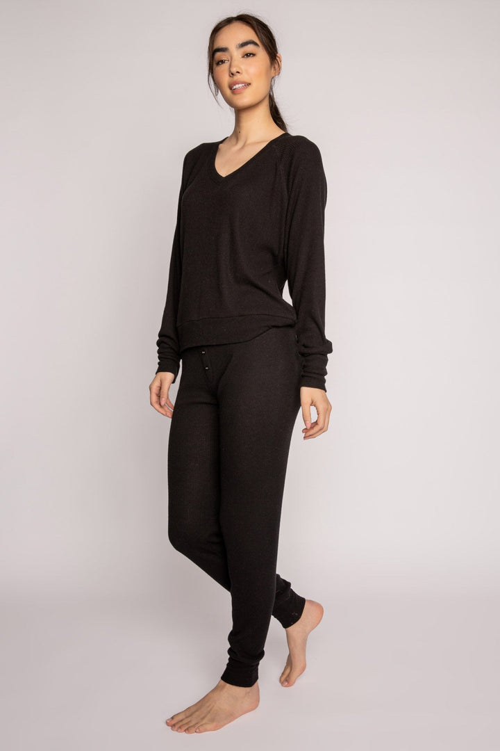 black jammie set in 2x2 peachy rib with a slim fit jammie pant & V-neck long sleeve top. (7199531991140)