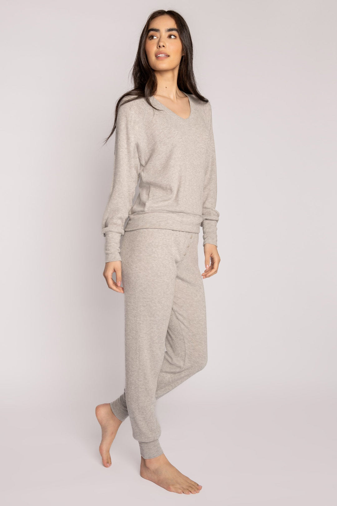 Green jammie set in 2x2 peachy rib with a slim fit jammie pant & V-neck long sleeve top. (7199532023908)
