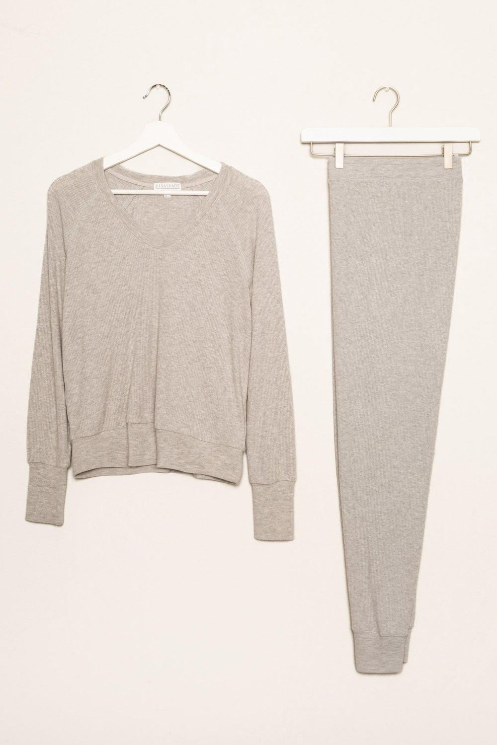Green jammie set in 2x2 peachy rib with a slim fit jammie pant & V-neck long sleeve top. (7199532023908)