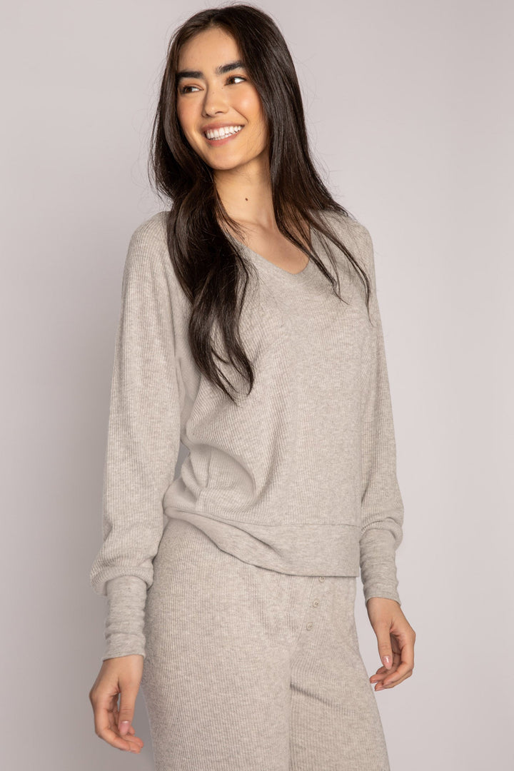 Green jammie set in 2x2 peachy rib with a slim fit jammie pant & V-neck long sleeve top. (7199532023908)