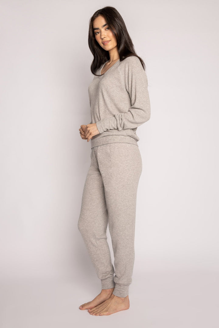 Green jammie set in 2x2 peachy rib with a slim fit jammie pant & V-neck long sleeve top. (7199532023908)