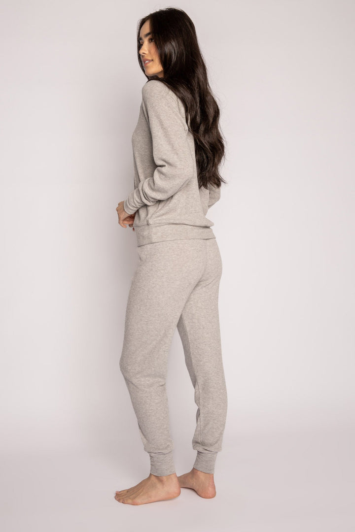 Green jammie set in 2x2 peachy rib with a slim fit jammie pant & V-neck long sleeve top. (7199532023908)